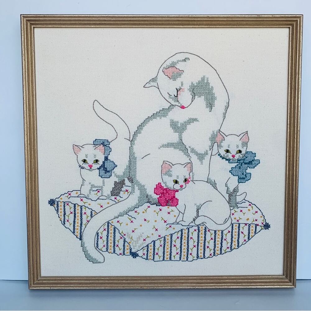 Large Vintage Cross Stitch Cat & Kittens Wall Art